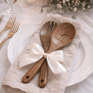 Salatbesteck aus Akazienholz mit Initialien und Datum graviert auf einem gedeckten Hochzeitstisch