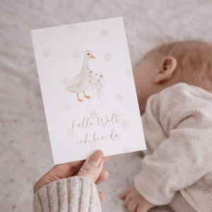 Meilensteinkarte mit Gansmotiv in der Hand gehalten vor einem Baby