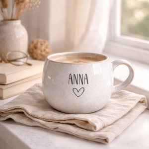 beige keramiktasse auf einer fensterbank mir deko im hintergrund und natürlichem sonnenlicht