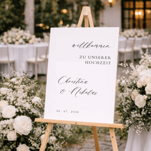 Weißes Willkommensschild mit Text auf einer Staffelei in einer Hochzeitsszenerie