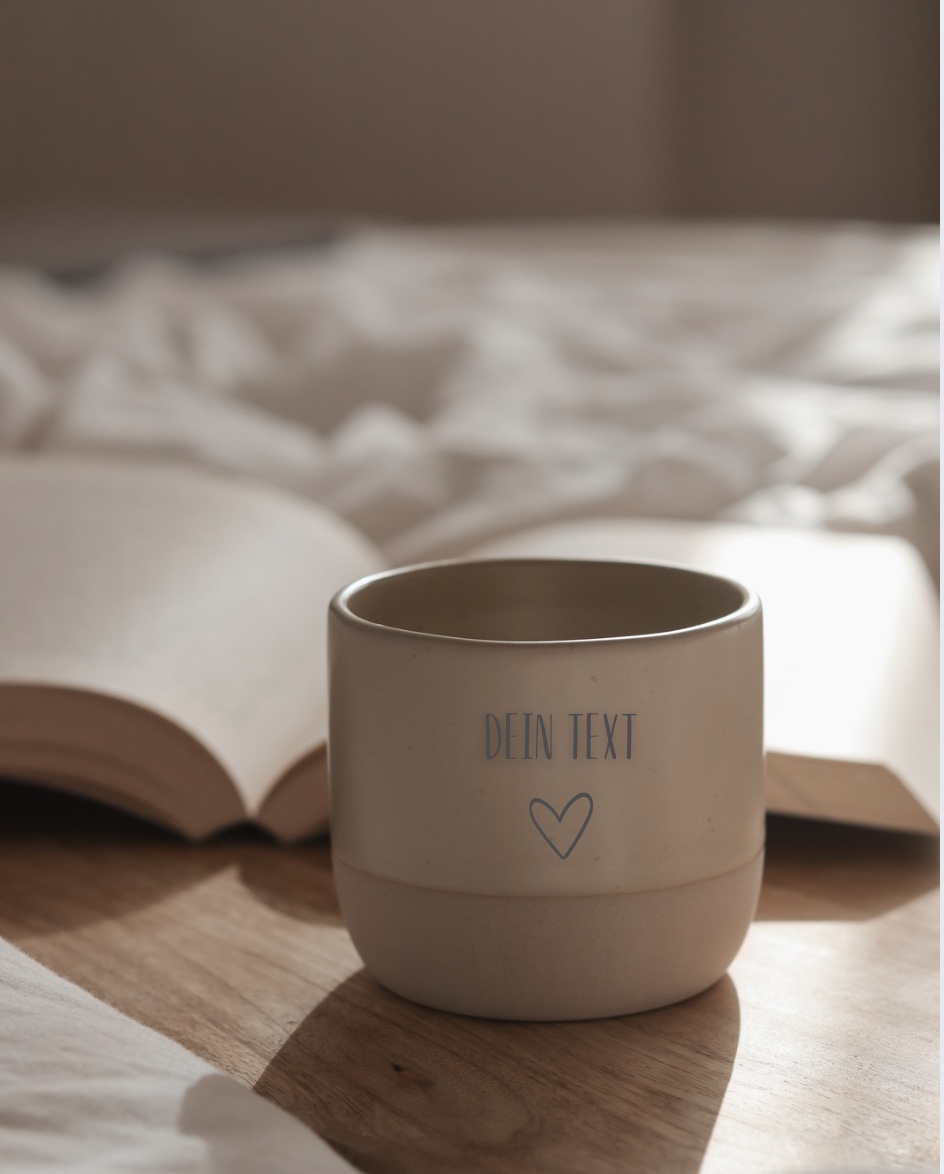 Beige runde Steinguttasse mit Wunschtext und Herz personalisiert darunter ein Savierbrett aus Holz und ein aufgeschlagenes Buch im Hintergrund