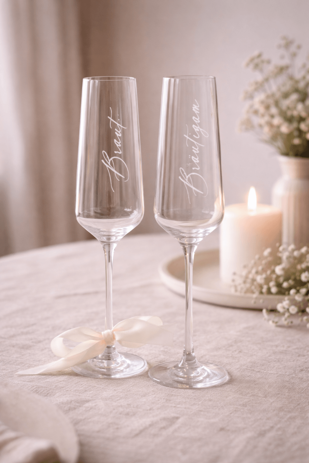 zwei Sektgläser mit Gravur "Braut" und "Bräutigam" und weißer Schleife am Stiel
