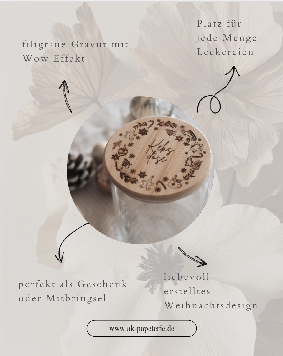 Keksdose aus Glas mit Holzdeckel mit weihnachtlicher Gravur