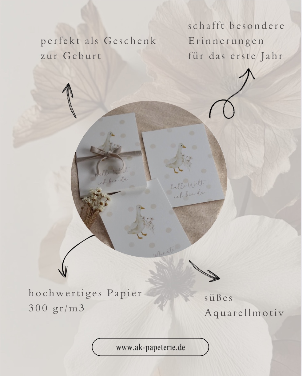 Weiße Papierkarten in Postkartenformat mit dem Aquarelldesign einer Gans auf einem beigen Leinentuch und natürlichem Sonnenlicht