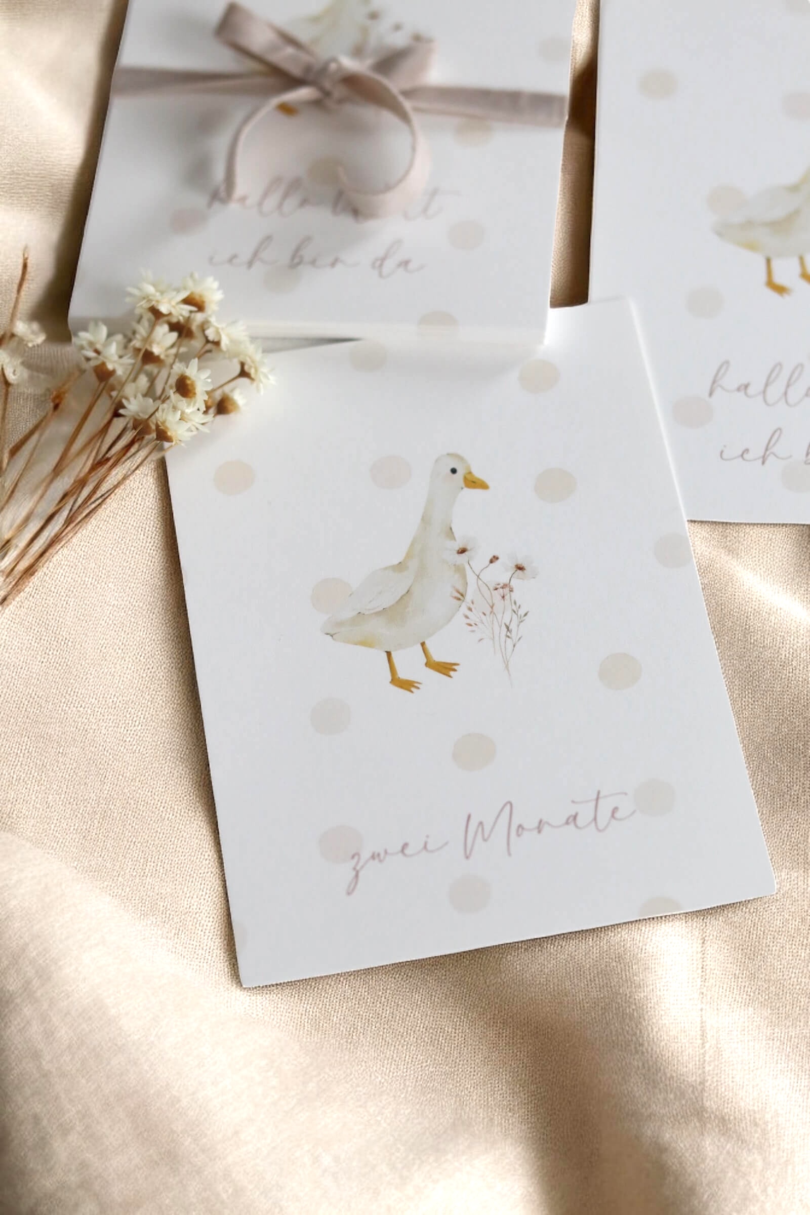 Weiße Papierkarten in Postkartenformat mit dem Aquarelldesign einer Gans auf einem beigen Leinentuch und natürlichem Sonnenlicht