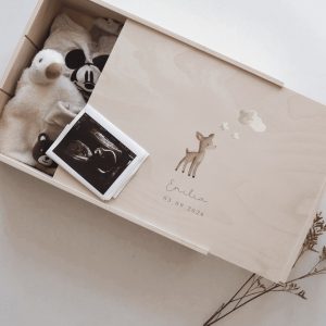 Minimalistische Aufnahme einer hellen Erinnerungskiste mit einem Reh und Wolke und Sterne aufgedruckt