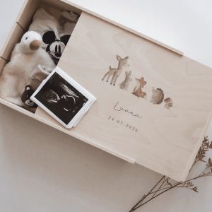Minimalistische Aufnahme einer hellen Erinnerungskiste mit bunten Waldtieren aufgedruckt
