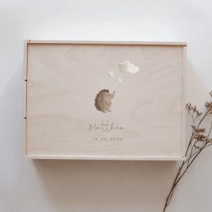 Minimalistische Aufnahme einer hellen Erinnerungskiste mit einem Igel und Wolke und Sterne aufgedruckt