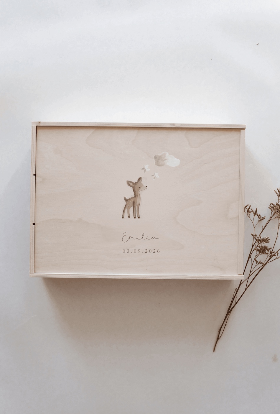 Minimalistische Aufnahme einer hellen Erinnerungskiste mit einem Reh und Wolke und Sterne aufgedruckt