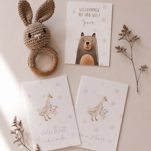 Geschenkset für Babys bestehend aus Meilensteinkarten mit Gansmotiv, Glückwunschkarte mit Bärenmotiv, und einer gehäkelten Rassel in Form eines Hasen mit Holzring und Namensgravur in einem minimalistischen Hintergrund