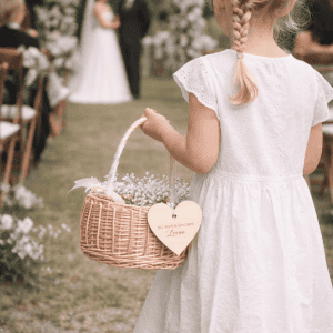 Mädchen in weißem Kleid mit einem Blumenkörbchen mit weißen Blumen und Herzanhänger mit Namen in einer Hochzeitsszenerie