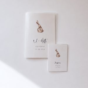 Personalisiertes Set aus U Heft und Impfpass mit einem Hasenmotiv in minimalistischem Hintergrund