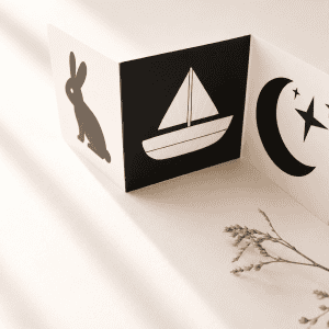 Kontrastkarten in schwarz und weiß mit verschiedenen Tiermotiven in einem Leporello in minimalistischem Hintergrund