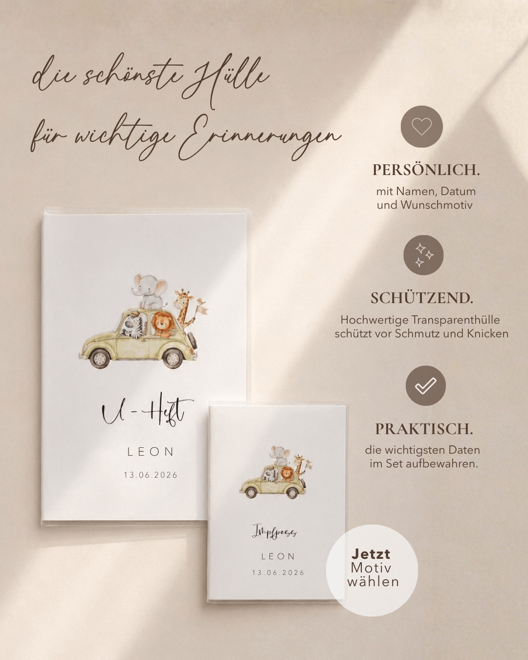 Personalisiertes U-Heft und Impfpass Set mit Namen, Safari-Motiv und niedlichen Tieren. Hochwertige Schutzhüllen für U-Heft (A5) und Impfpass als Geschenk zur Geburt.