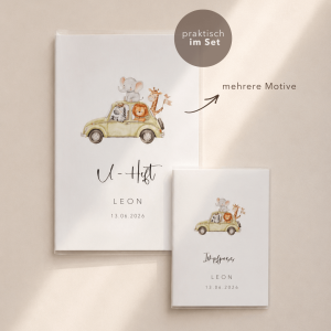 Personalisiertes U-Heft und Impfpass Set mit Namen, Safari-Motiv und niedlichen Tieren. Hochwertige Schutzhüllen für U-Heft (A5) und Impfpass als Geschenk zur Geburt.
