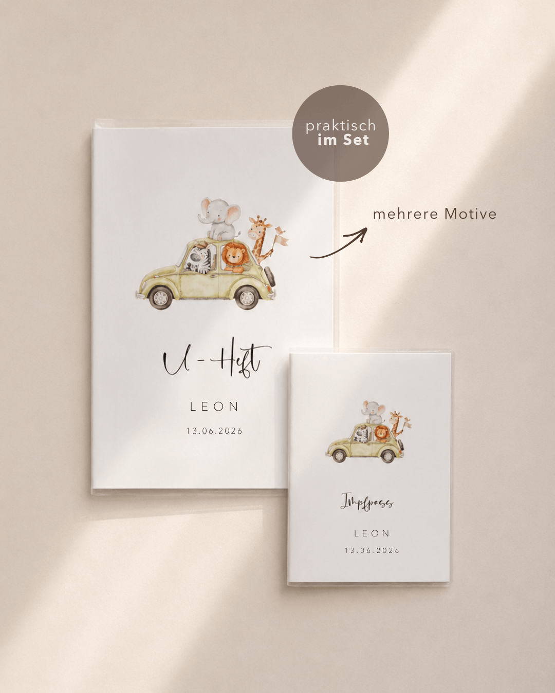 Personalisiertes U-Heft und Impfpass Set mit Namen, Safari-Motiv und niedlichen Tieren. Hochwertige Schutzhüllen für U-Heft (A5) und Impfpass als Geschenk zur Geburt.