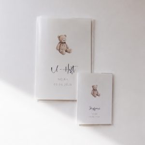 Personalisiertes Set aus U Heft und Impfpass mit einem Teddybärmotiv in minimalistischem Hintergrund