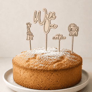 Cake Topper Set aus Holz mit "Wild One"-Schriftzug, Löwe, Giraffe und Namen "anton" auf einer Schokoladentorte. Die stilvolle Tortendeko eignet sich ideal für eine Motto Party oder erste Geburtstagsfeier