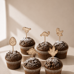 Schokoladenmuffins mit Dino Caketoppern aus Holz in 6 verschiedenen Dino-Motiven in minimalistischem Hintergrund und natürlichem Sonnenlicht