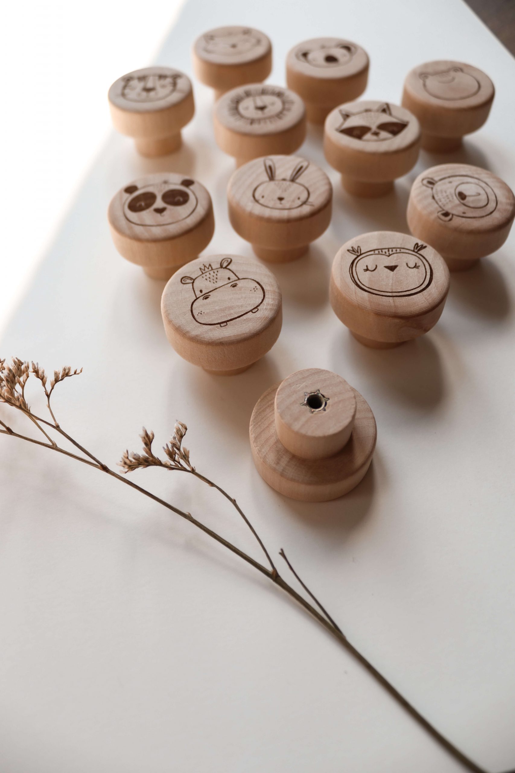 12 Helle runde Möbelknöpfe aus Holt mit verschiedenen Tiermotiven in einem minimalistischen Hintergrund mit natürlichem Sonnenlicht. Die Möbelknöpfe eignen sich perfekt für die Ikea Hemnes Kommode