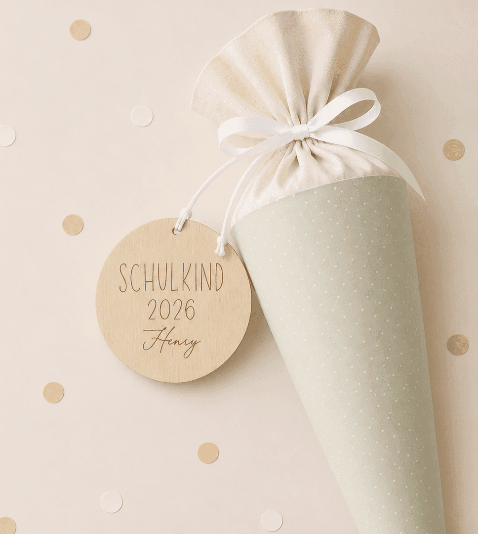 Hellgrüne Schultüte mit weißen Punkten und Holzanhänger mit der Gravur "Schulkind 2026 Henry" in einem minimalistischen Hintergrund und Papierkonfetti