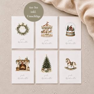 6 Weihnachtskarten mit verschiedenen Aquarellmotiven und dem Text "Frohe Weihnachten"