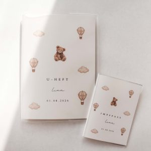 Personalisiertes Set aus U Heft und Impfpass mit wild angeordneten Aquarellmotiven eines Teddybärs, Heißluftballon und Wolke in minimalistischem Hintergrund